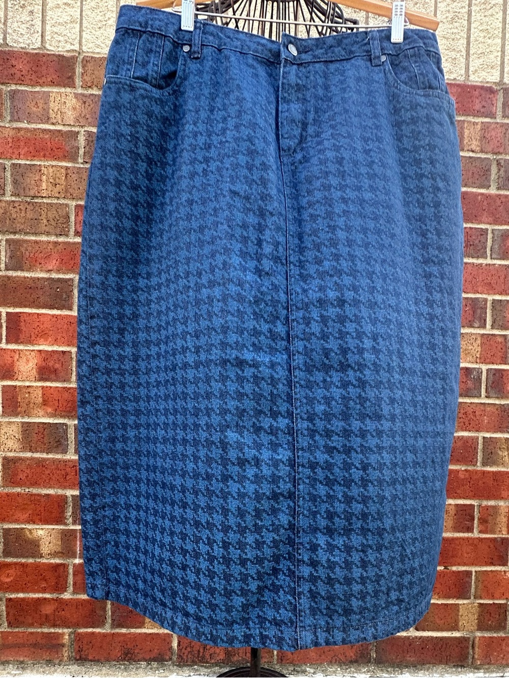 Jessica London Houndstooth Pencil Skirt Denim MIDI Academia Classic Chic Preppy
